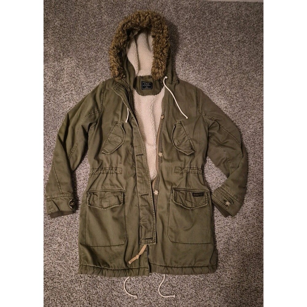Abercrombie & Fitch Womens M Green Sherpa Lined Parka Jacket Faux Fur Hooded Y2K